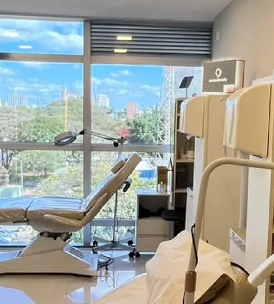 Sala de atendimento da clínica: a maca diante da janela, com as árvores e os prédios de Brasília ao fundo